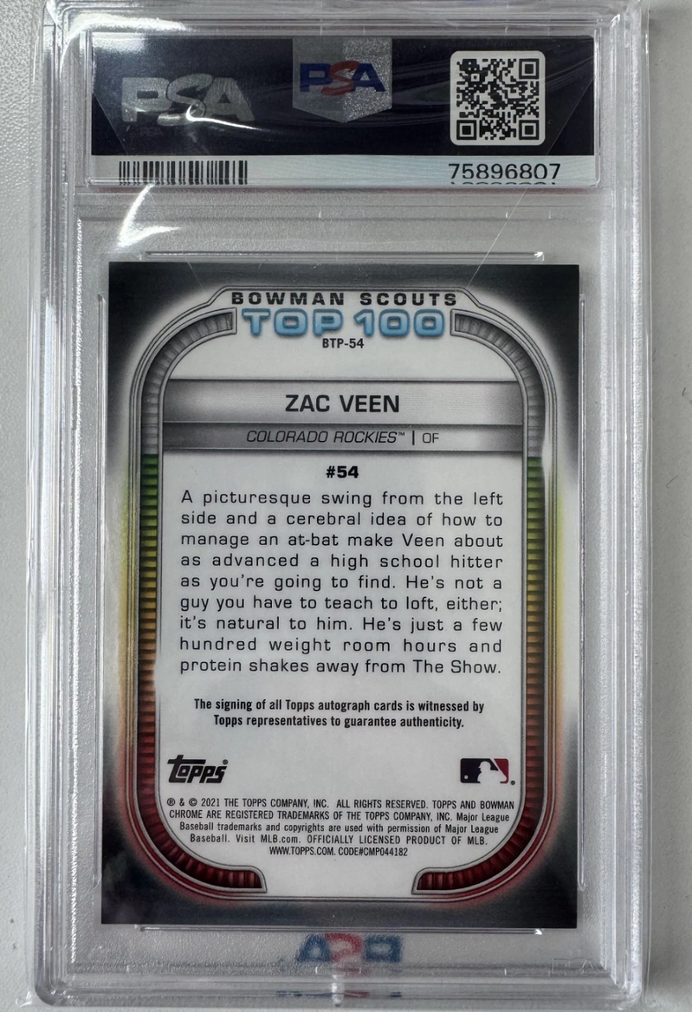 2021 Bowman Zac Veen SuperFractor 1/1 Top 100 Auto Rockies PSA 9|2263