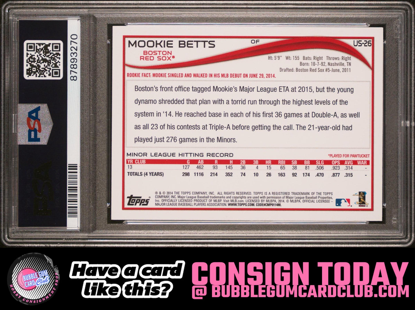 2014 Topps Update Mookie Betts Batting Los Angeles Dodgers PSA 9