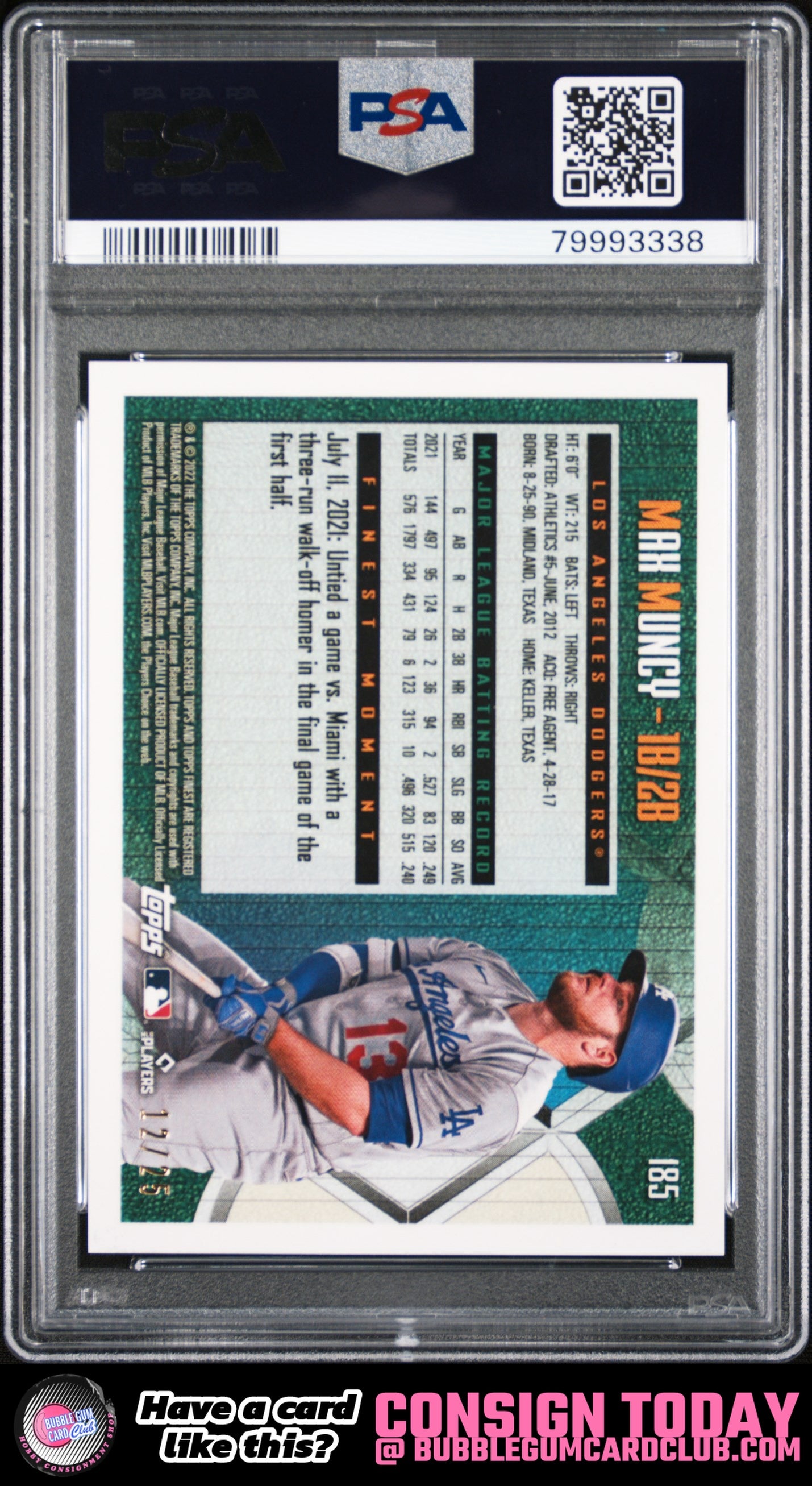 2022 Topps Finest Flashbacks Max Muncy Black Refractor Los Angeles Dodgers PSA 8