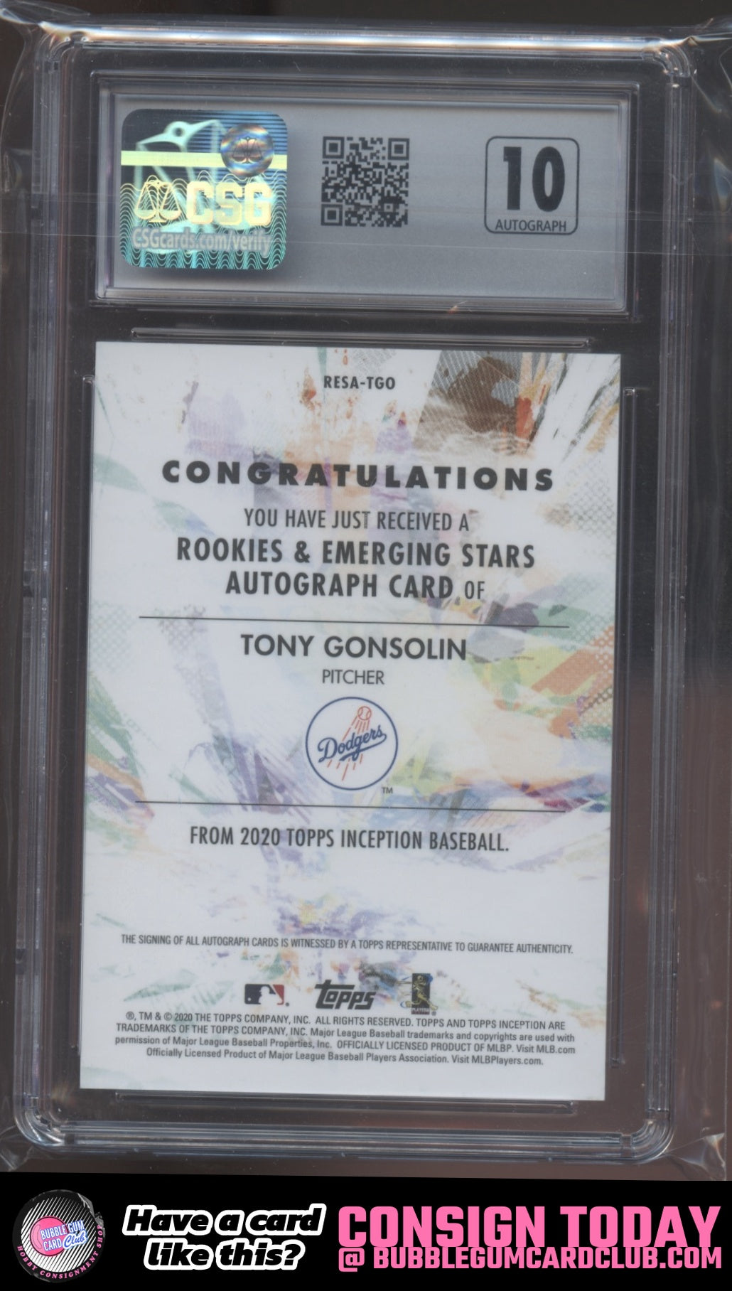 2020 Topps Inception Tony Gonsolin Auto /245 Los Angeles Dodgers CSG 10