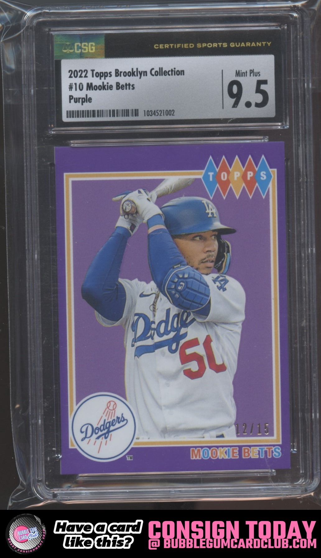 2022 Topps Brooklyn Coll Mookie Betts Purple /15 Los Angeles Dodgers CSG 9.5