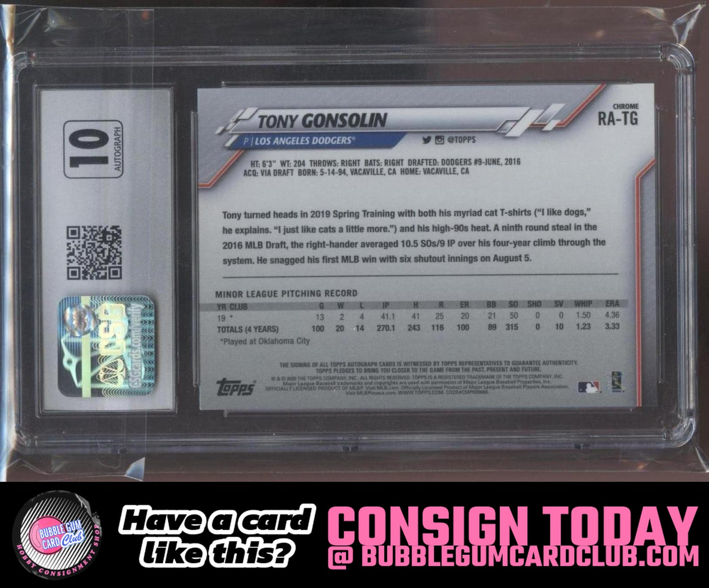 2020 Topps Chrome Tony Gonsolin RC Auto Los Angeles Dodgers SGC 9.5