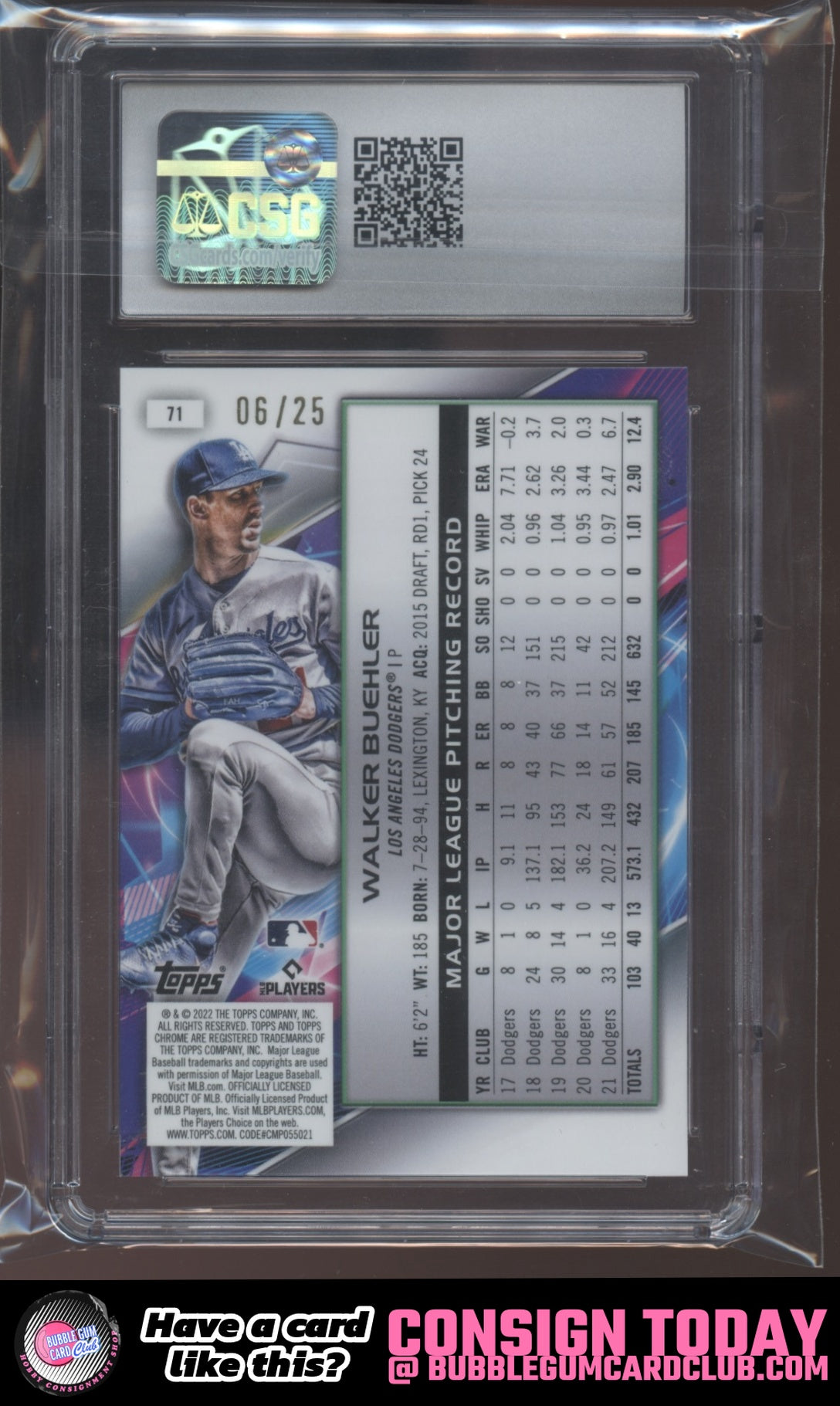 2022 Topps Chrome Cosmic Walker Buehler Orange Refractor /25 Dodgers SGC 10
