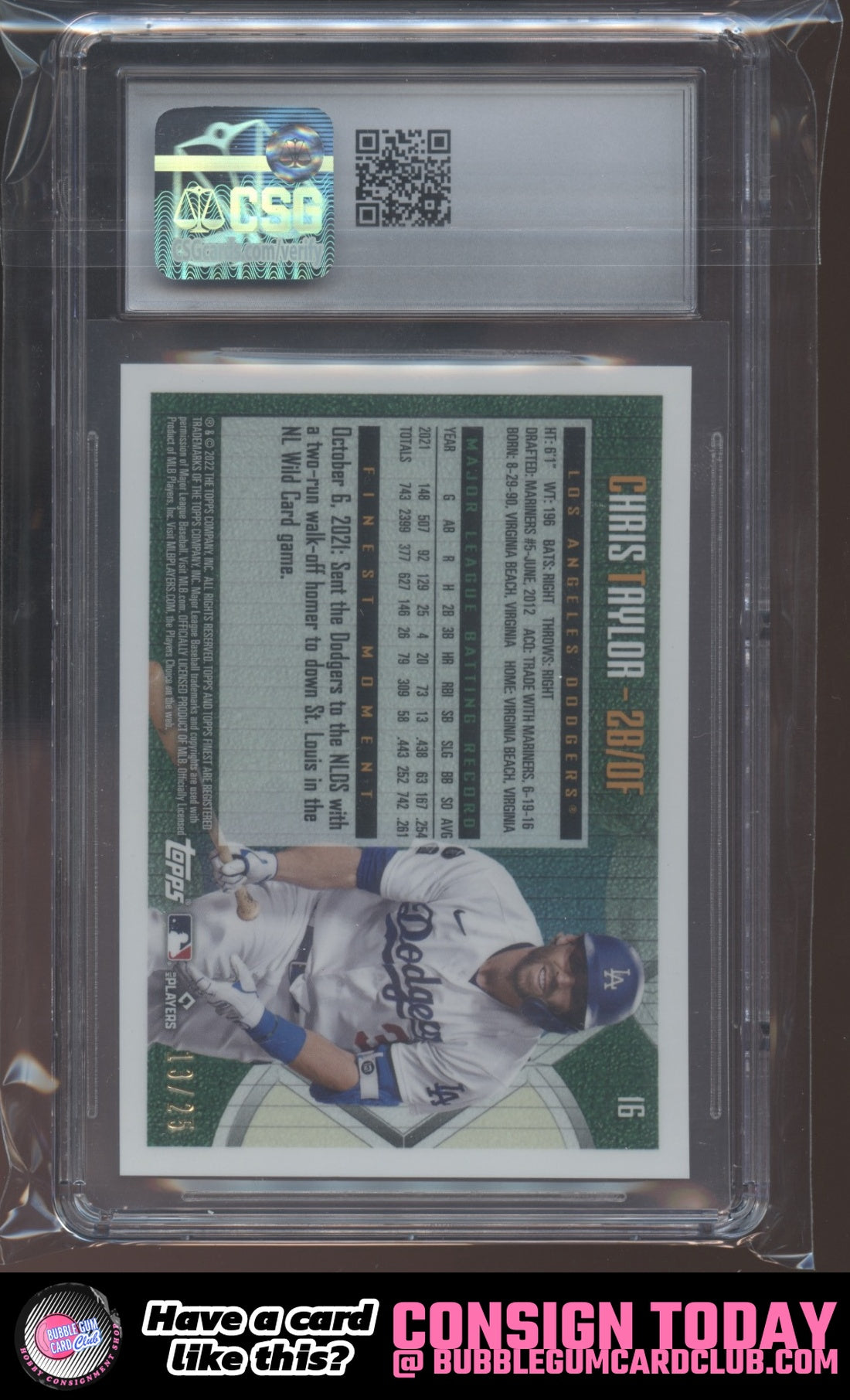 2022 Finest Flashbacks Chris Taylor Black Refractor /25 Dodgers CSG