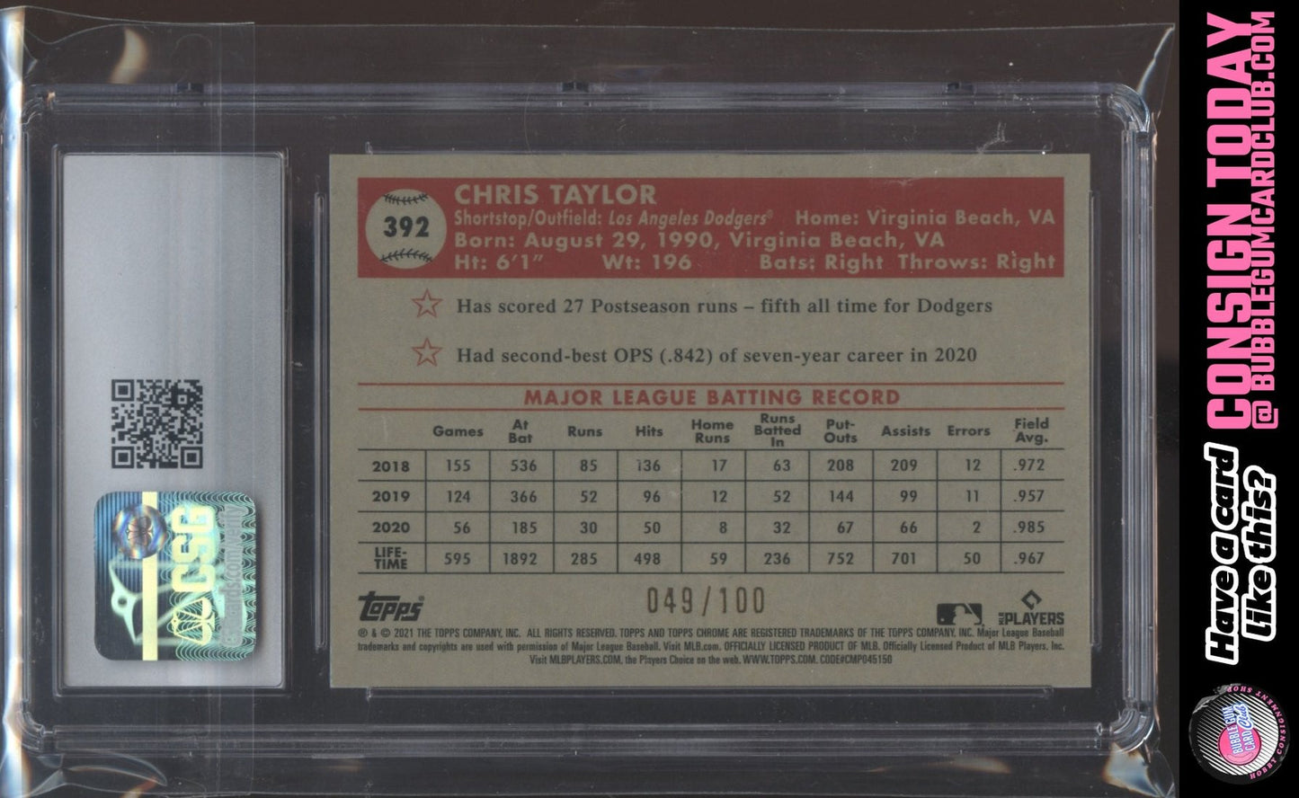 2021 Topps Chrome Platinum Chris Taylor Red Atomic /100 Dodgers SGC 10