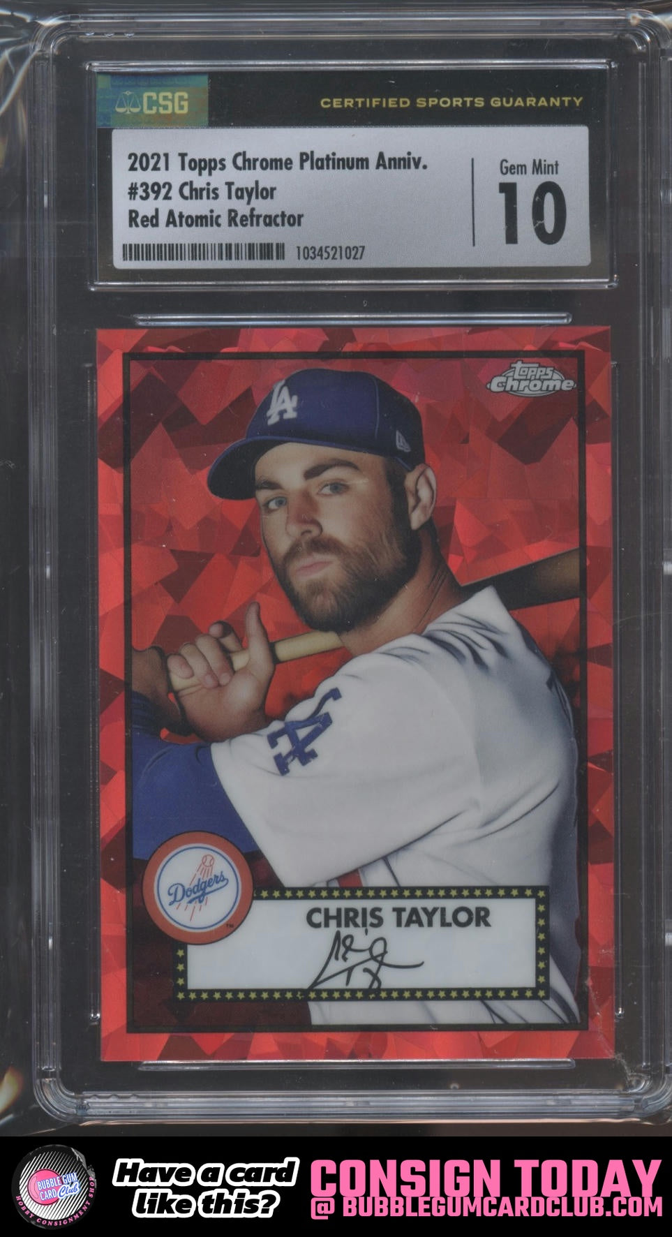 2021 Topps Chrome Platinum Chris Taylor Red Atomic /100 Dodgers SGC 10