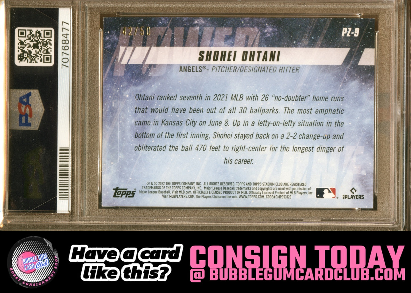 2022 Topps Stadium Club Shohei Ohtani Power Zone Orange Los Angeles Angels PSA 8