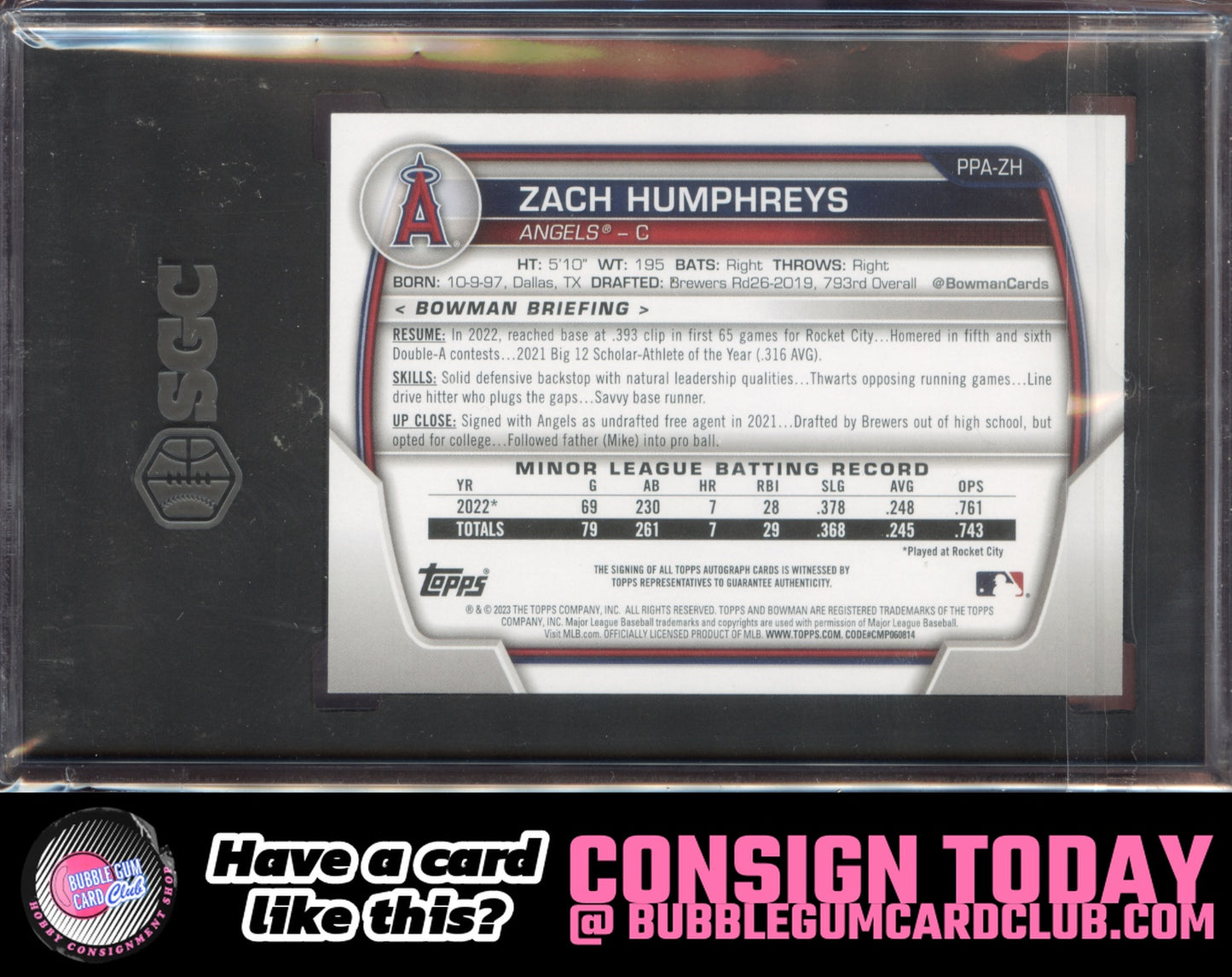 2023 Bowman Zach Humphreys Prospects Autographs Auto Los Angeles Angels SGC 9.5