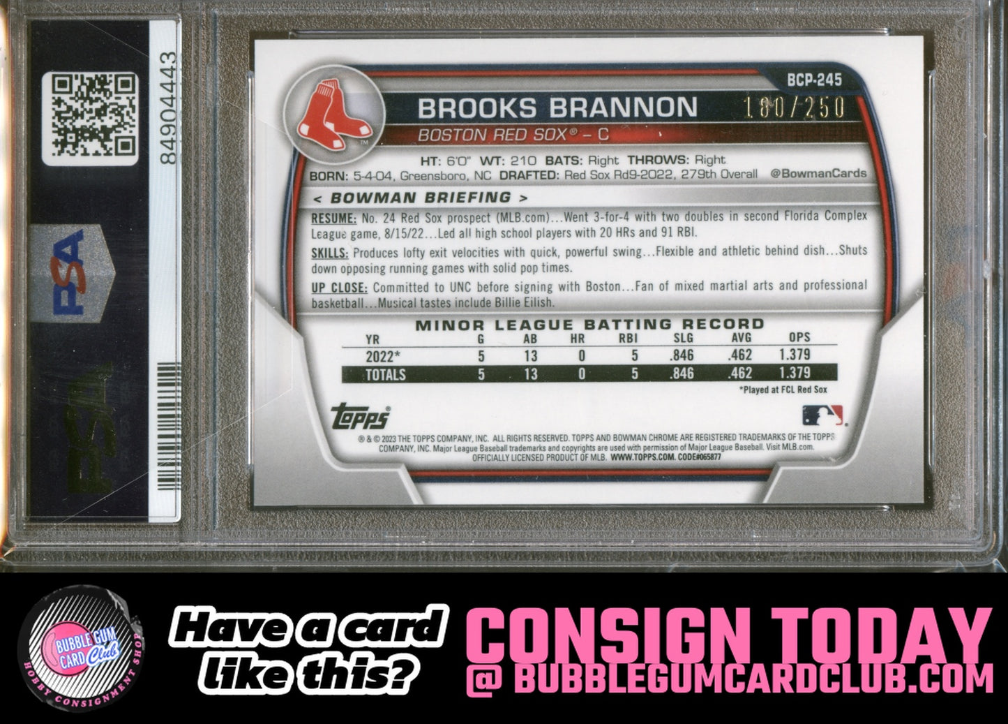 2023 Bowman Chrome Brooks Brannon Purple Shimmer /250 Red Sox PSA 9