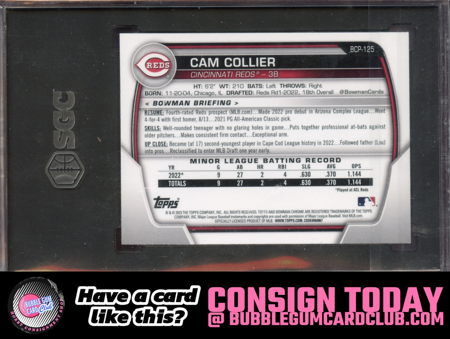 2023 Bowman Cam Collier Chrome Mojo Refractors Cincinnati Reds SGC 9