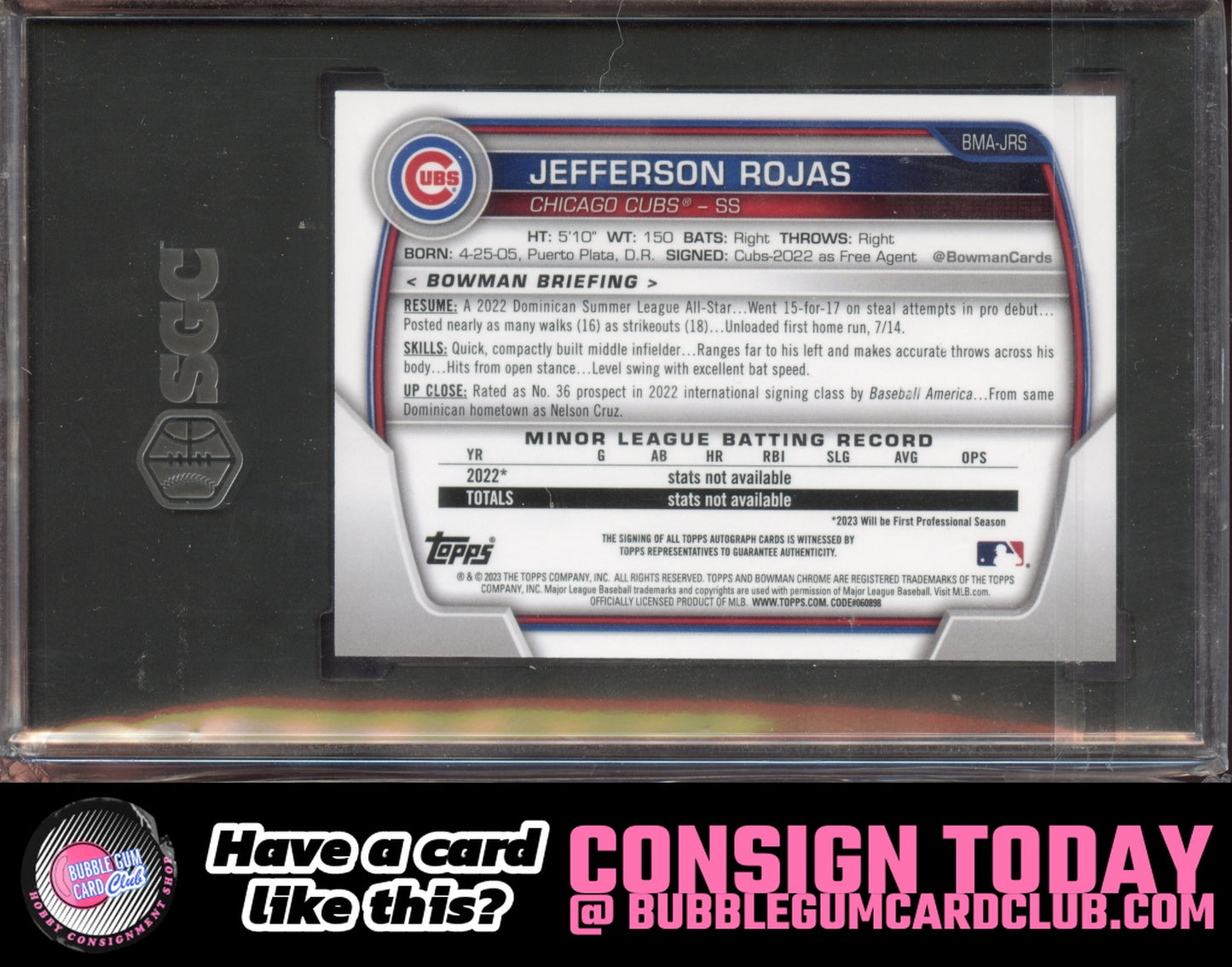 2023 Bowman Jefferson Rojas Chrome Mojo Refractor Auto Chicago Cubs SGC 10