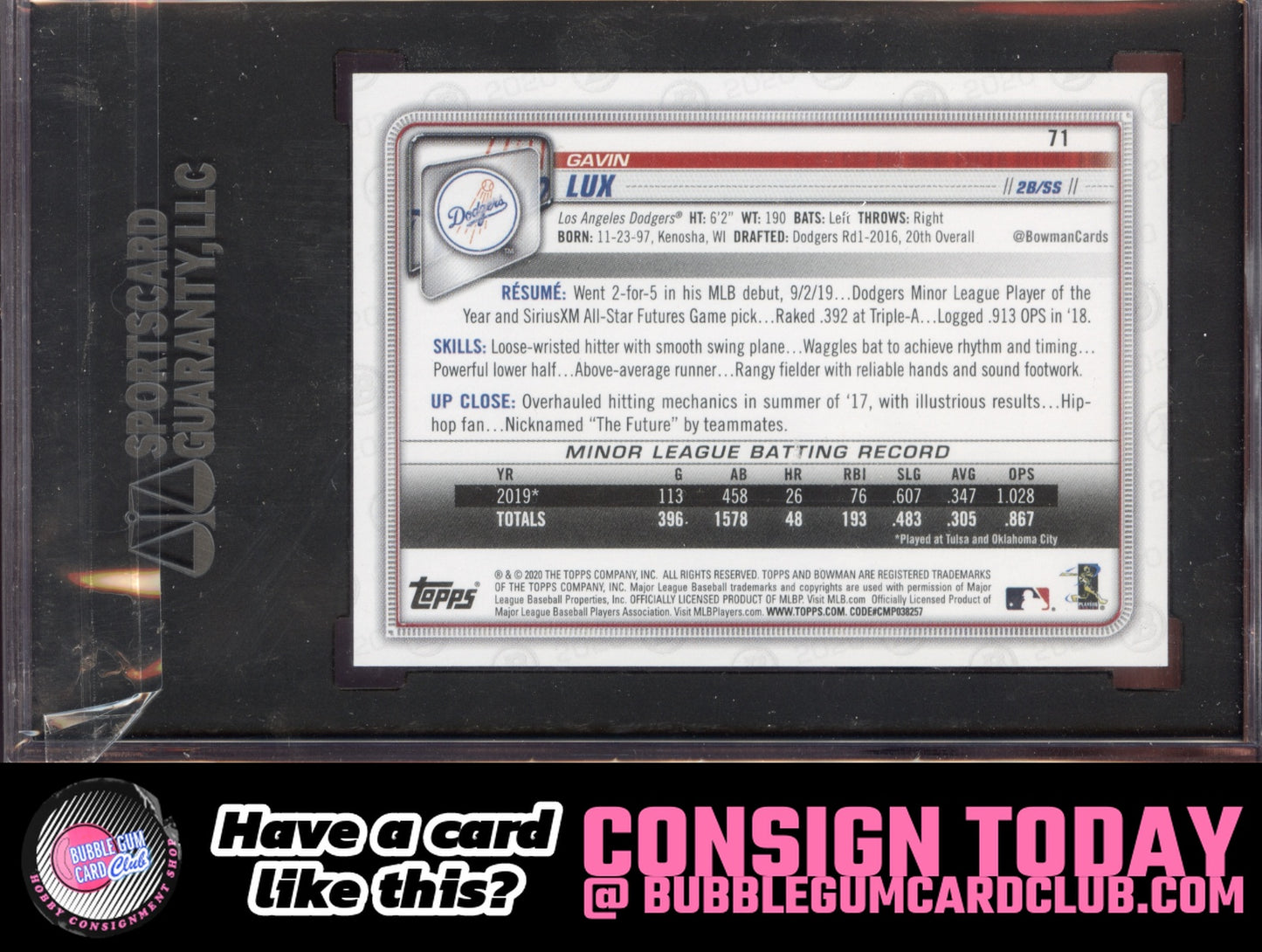 2020 Bowman Gavin Lux Blue Rookie #/150 Los Angeles Dodgers SGC 8.5