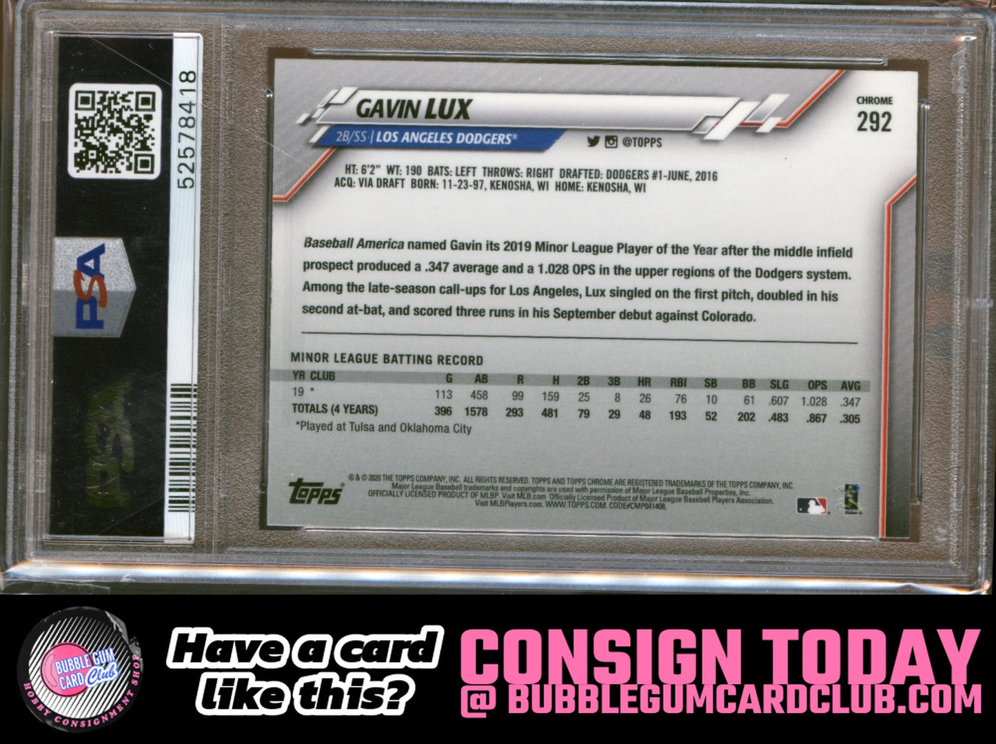 2020 Topps Chrome Sapphire Edition Gavin Lux Rookie Los Angeles Dodgers PSA 9