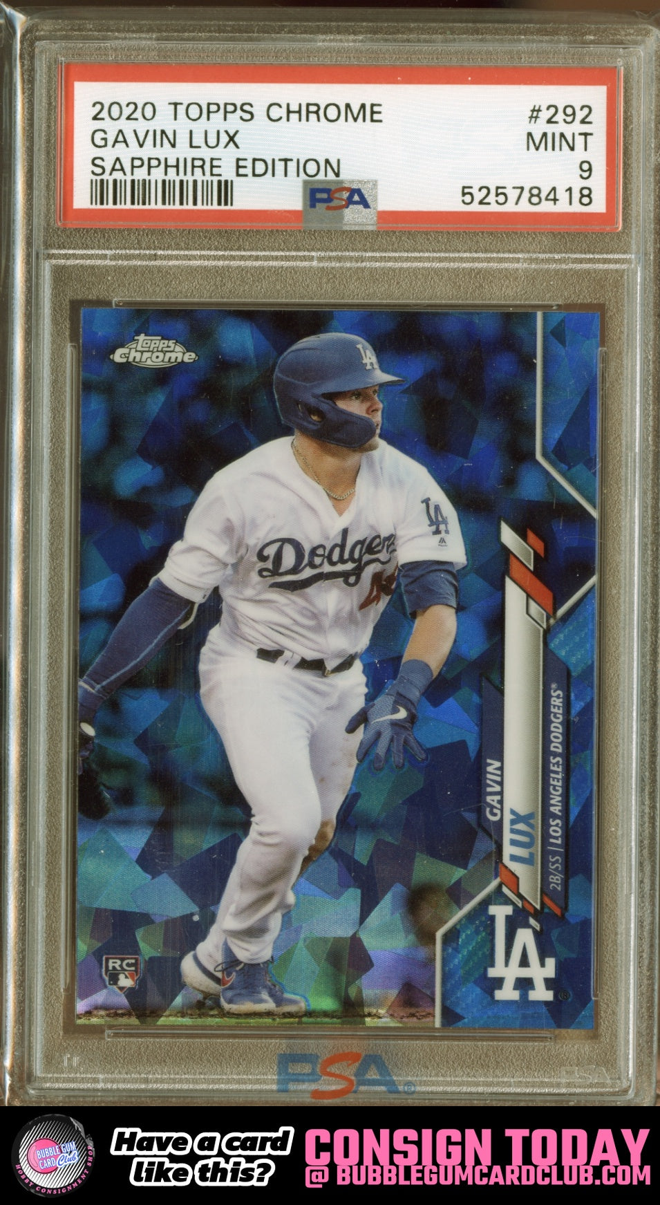 2020 Topps Chrome Sapphire Edition Gavin Lux Rookie Los Angeles Dodgers PSA 9