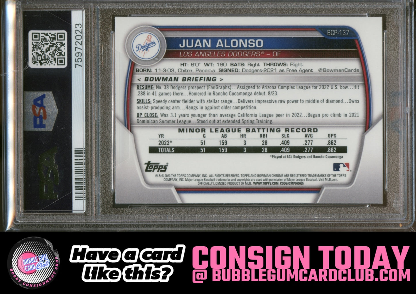 2023 Bowman Chrome Juan Alonso Pearl Los Angeles Dodgers PSA 10