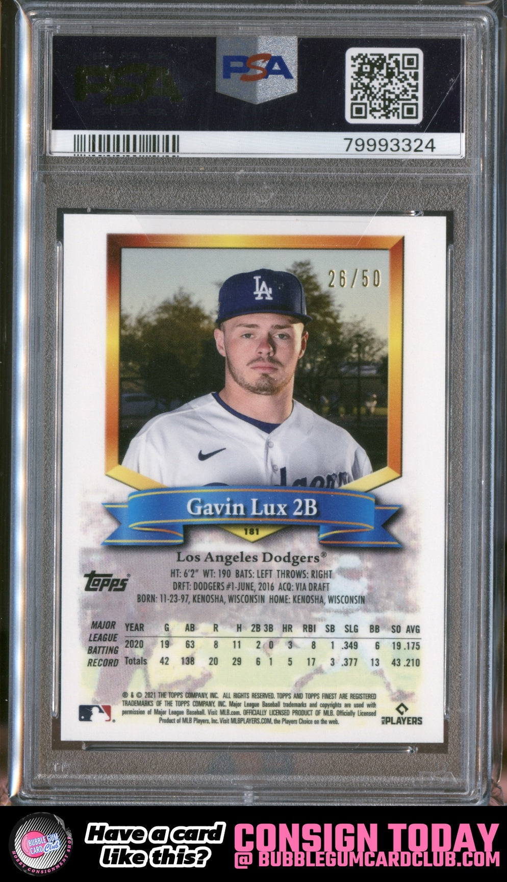 2021 Topps Finest Flashbacks Gavin Lux Gold Refractor /50 Dodgers