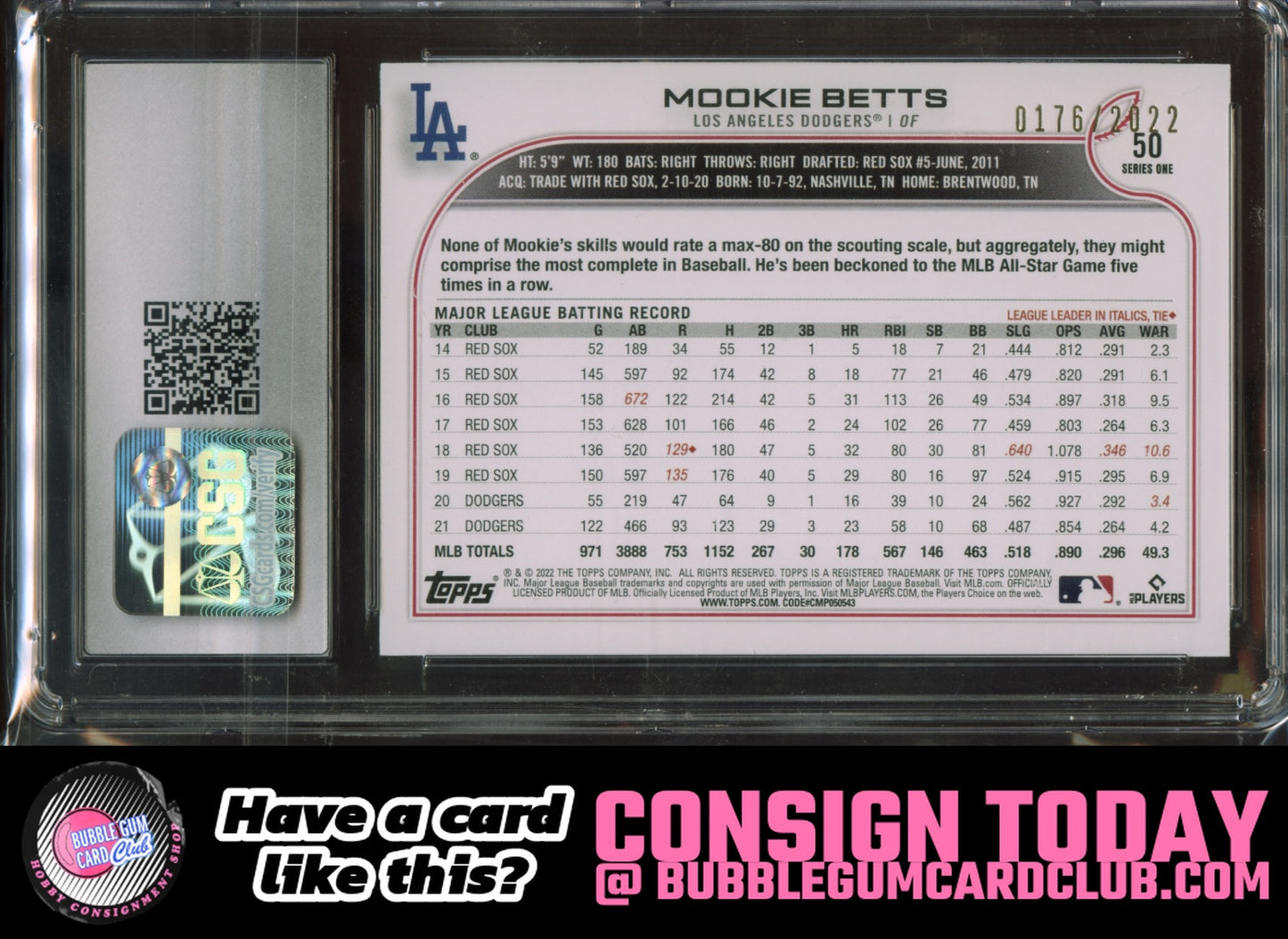 2022 Topps Mookie Betts Gold #/2022 Los Angeles Dodgers CSG 9.5