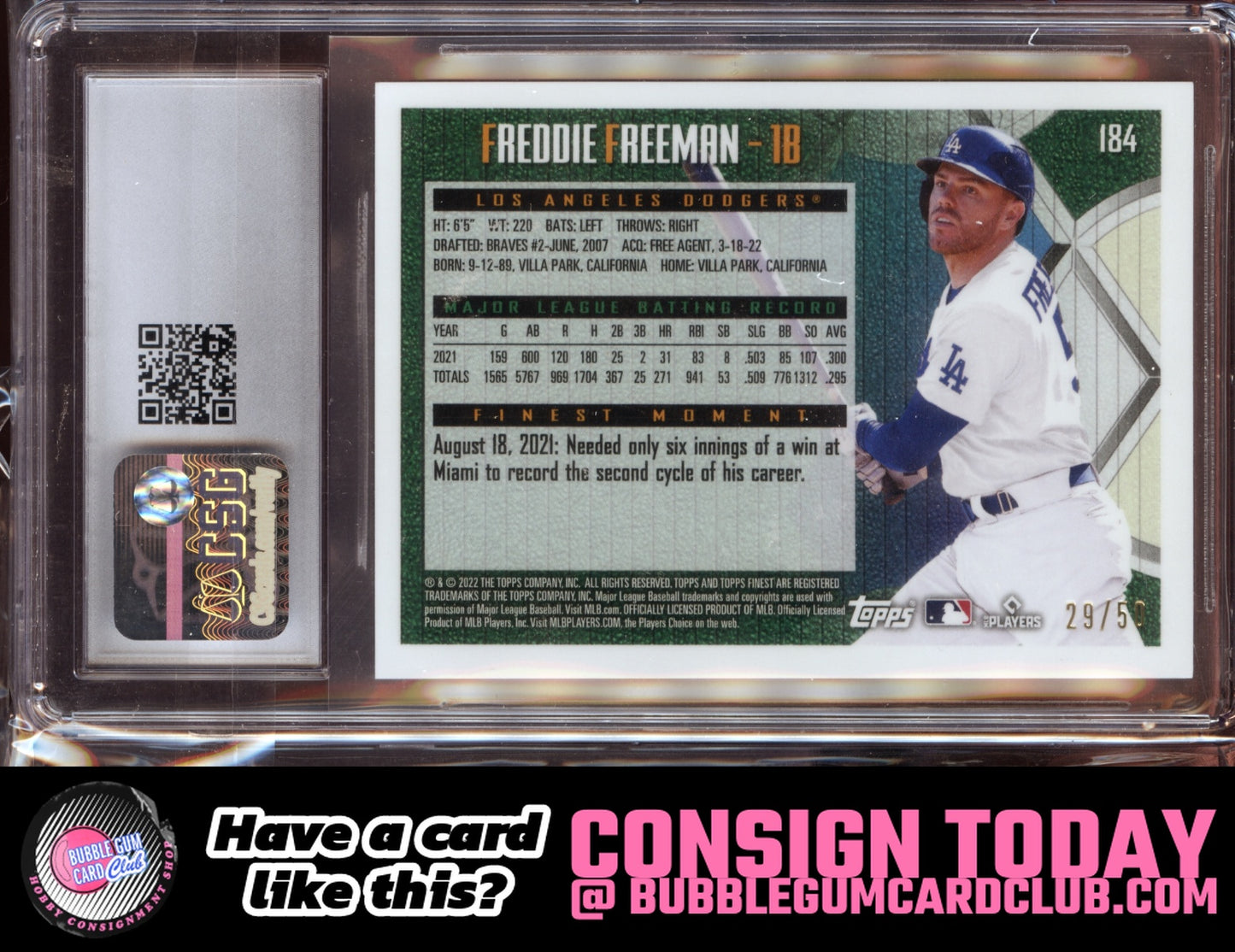 2022 Topps Finest Flashbacks Freddie Freeman Gold #/50 Dodgers SGC 10