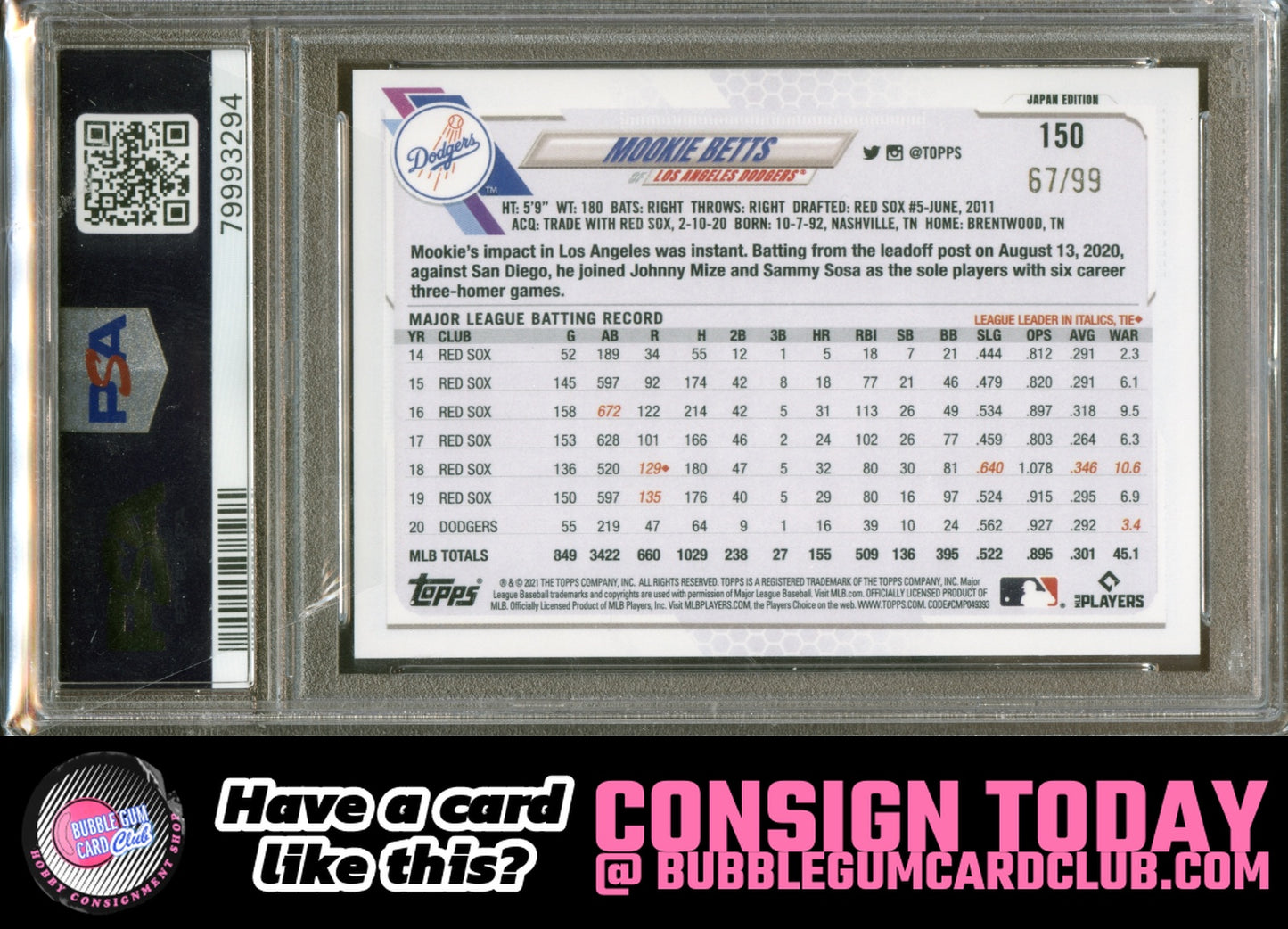 2021 Topps Japan Mookie Betts Cherry Blossoms /99 Los Angeles Dodgers PSA 9