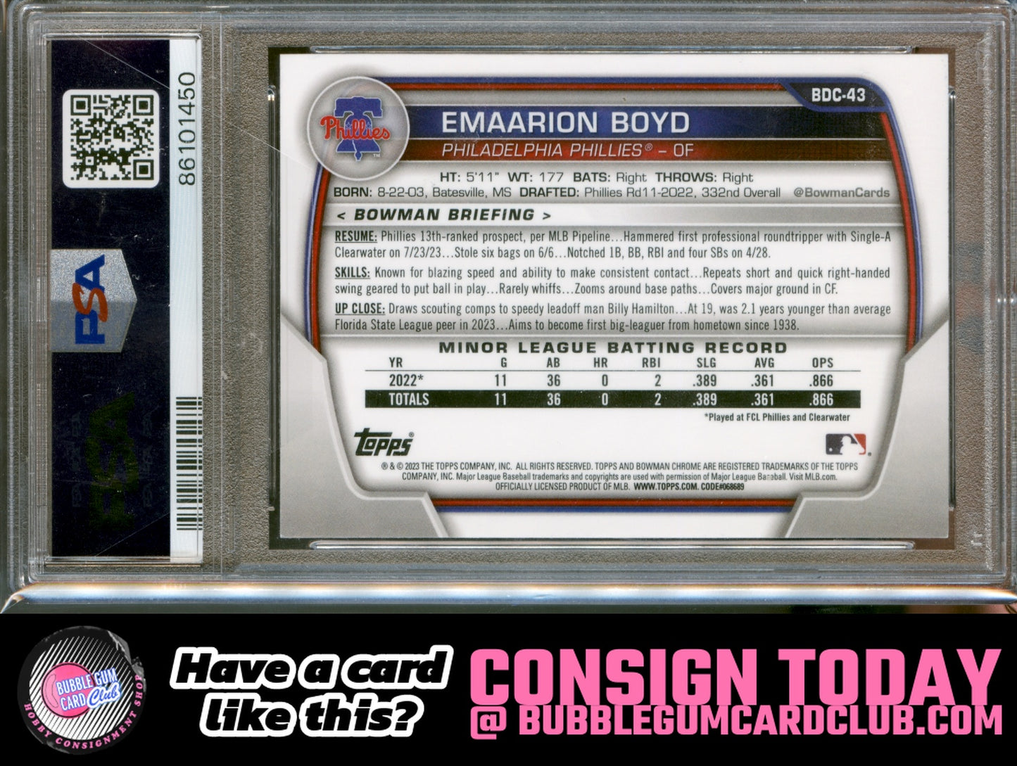 2023 Bowman Draft Emaarion Boyd Chrome Purple Refractor #/250 Phillies PSA 8