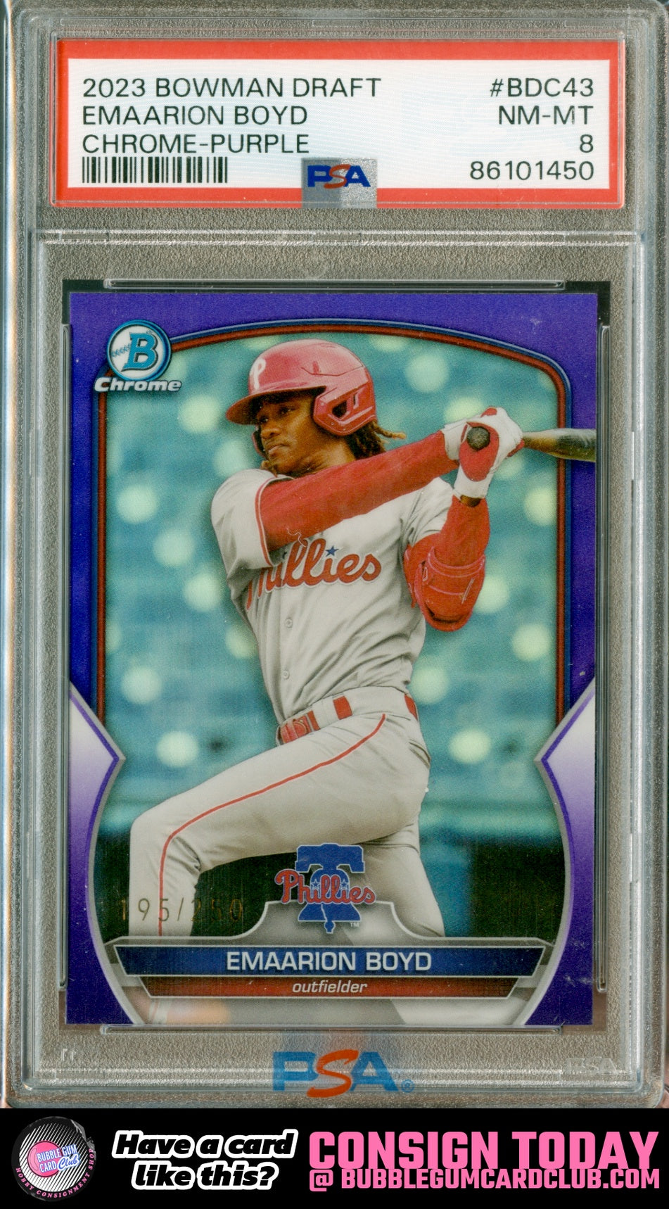 2023 Bowman Draft Emaarion Boyd Chrome Purple Refractor #/250 Phillies PSA 8