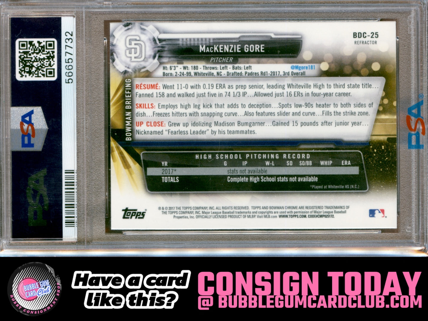 2017 Bowman Draft MacKenzie Gore Chrome Refractor San Diego Padres PSA 9