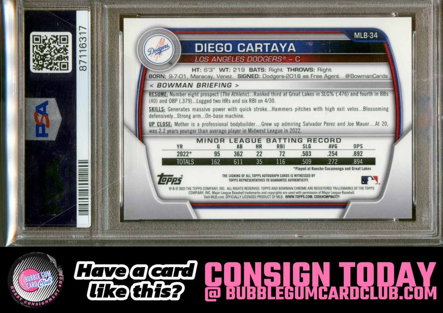 2023 Bowman Chrome National Diego Cartaya Auto Dodgers PSA 9