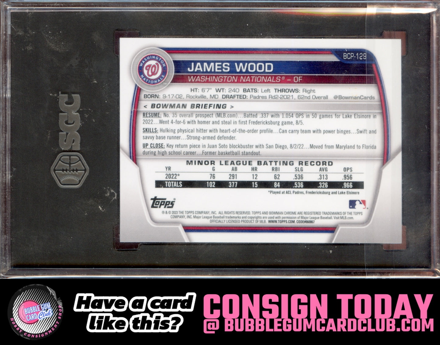 2023 Bowman James Wood Chrome Blue Mojo Refractor #/150 Nationals SGC 10