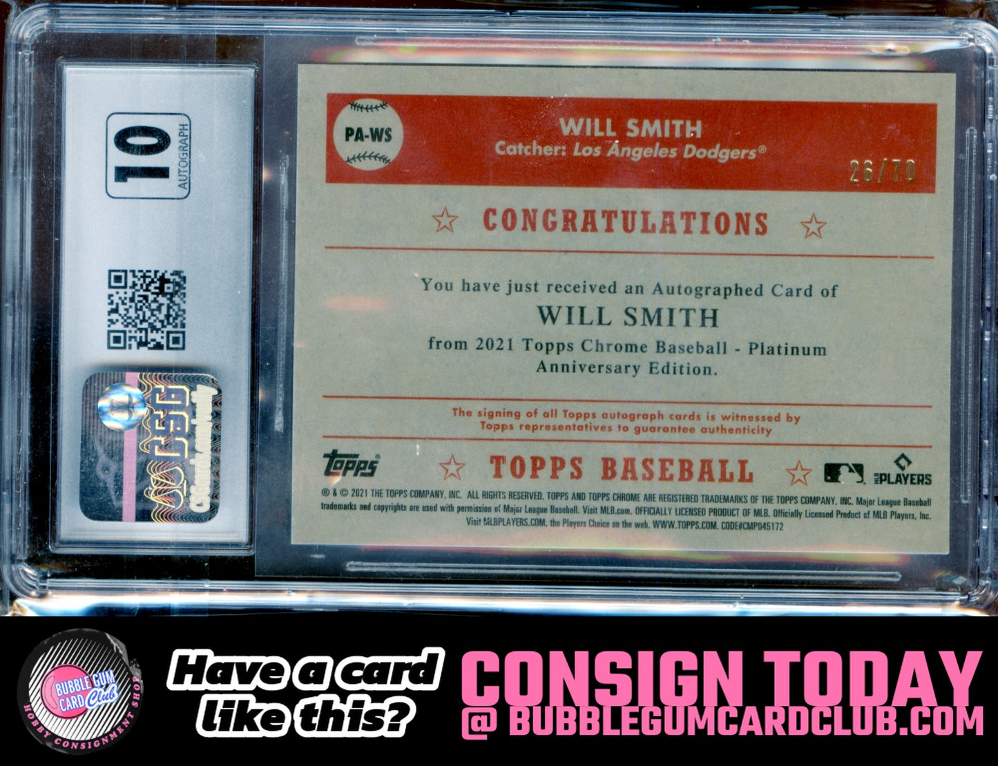 2021 Topps Chrome Platinum Anniversary Will Smith Auto LogoFractor /70 Dodgers