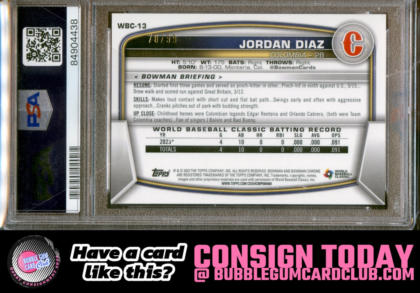 2023 Bowman Chrome World Baseball Jordan Diaz WBC Columbia Flag Green PSA 10