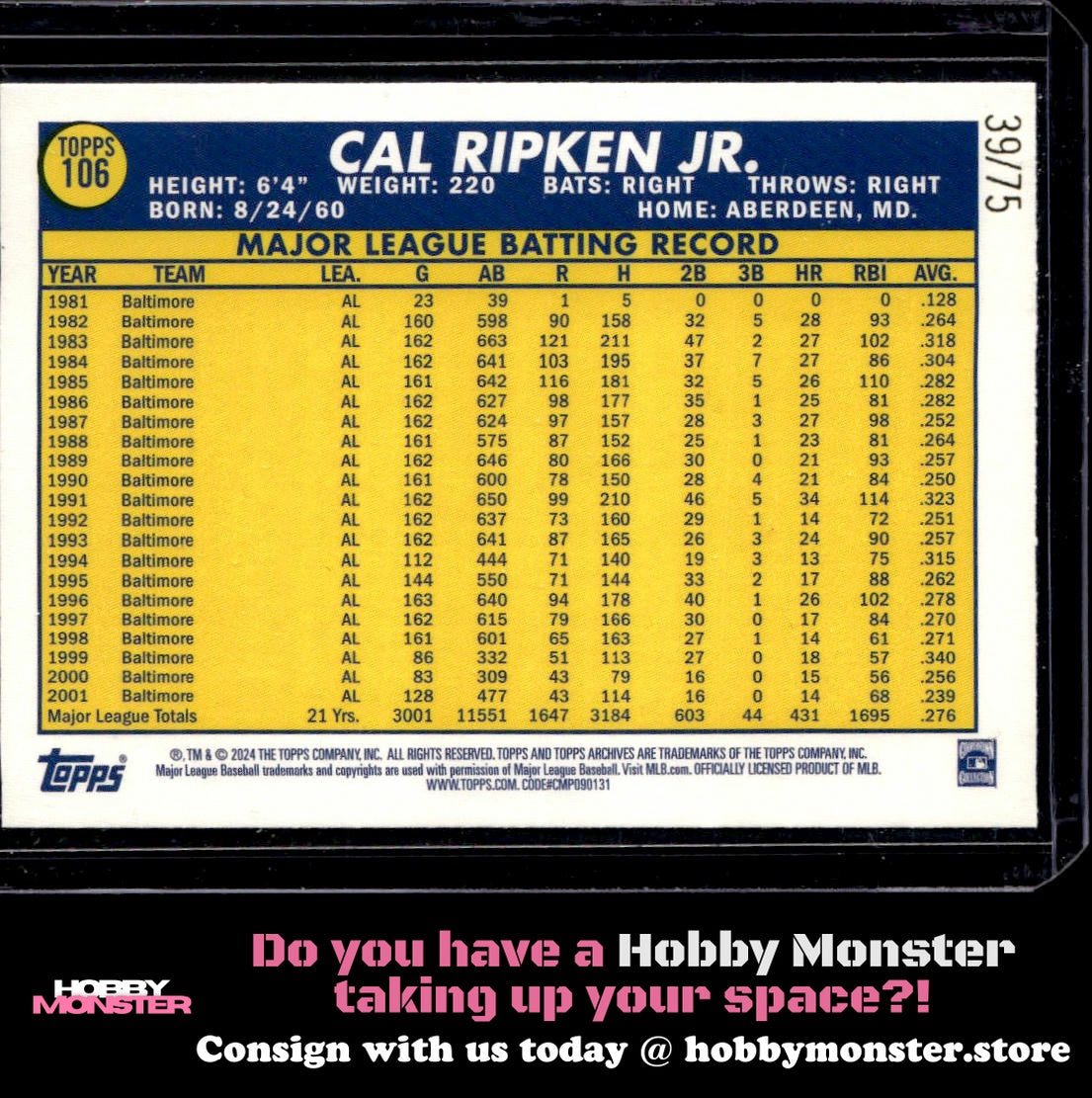 2024 Topps Archives Cal Ripken Jr. Aqua Sparkle Foilboard #/75 Baltimore Orioles