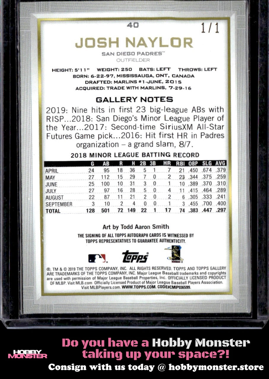 2019 Topps Gallery Josh Naylor Autographs Red Rookie Auto #/1 San Diego Padres