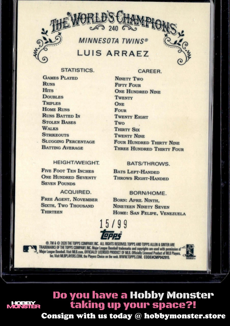 2020 Topps Allen & Ginter Chrome Luis Arraez Green #/99 Minnesota Twins