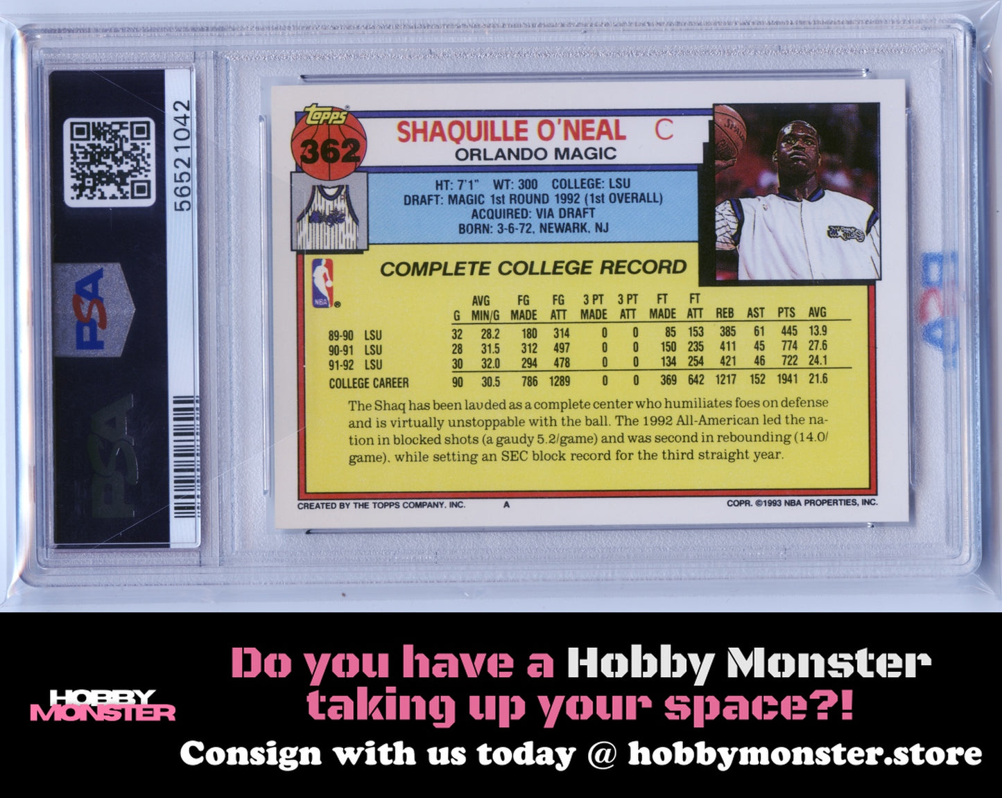 1992-93 Topps Shaquille O'Neal Rookie Orlando Magic PSA 9