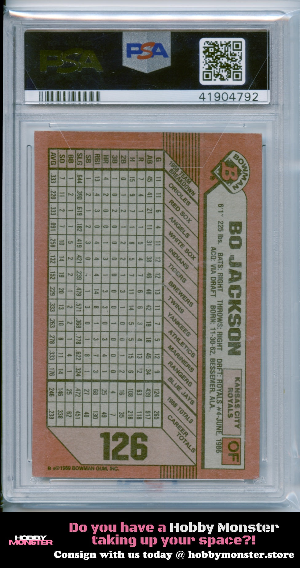 1989 Bowman Bo Jackson Kansas City Royals PSA 7