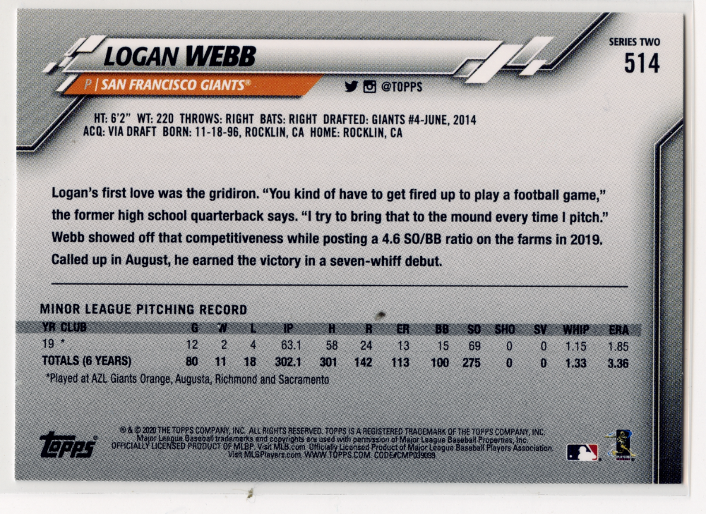2020 Topps Logan Webb #514 Rookie RC San Francisco Giants|83