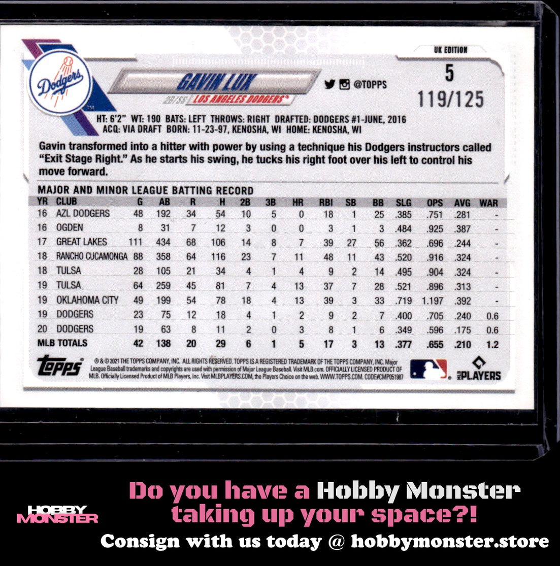 2021 Topps UK Edition Gavin Lux Future Stars Black #/125 Los Angeles Dodgers