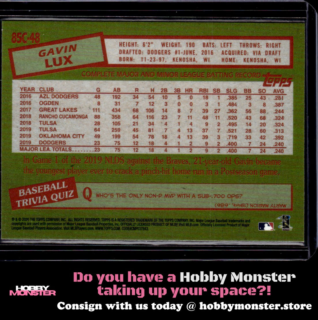 2020 Topps Gavin Lux 1985 Chrome Mojo Silver Pack Los Angeles Dodgers