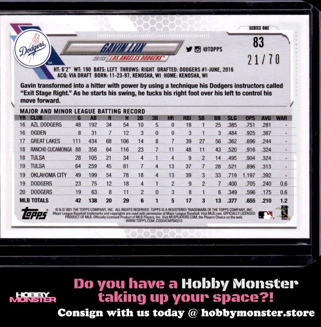 2021 Topps Gavin Lux Future Stars Black #/70 Los Angeles Dodgers