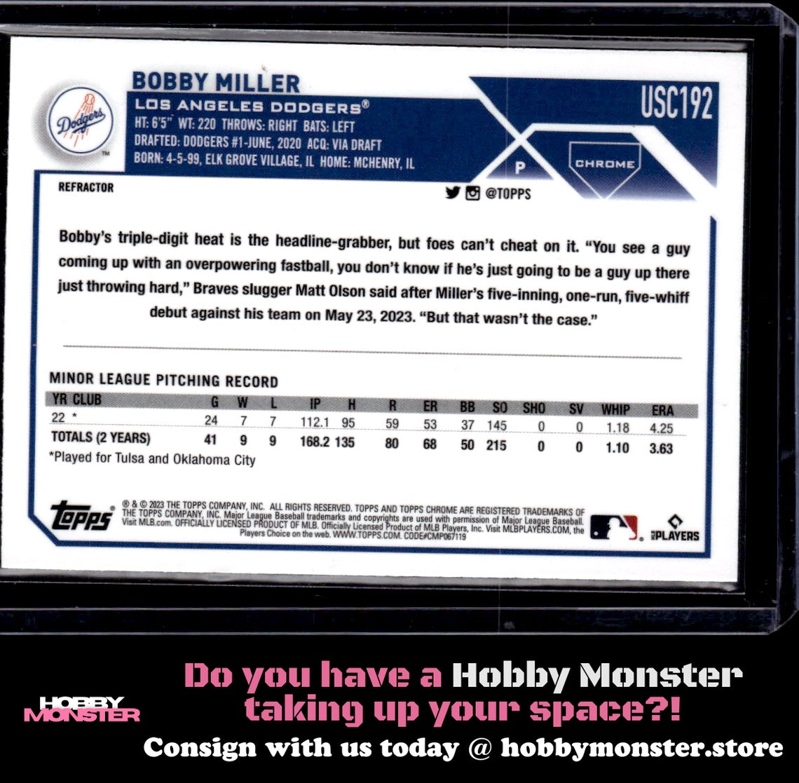 2023 Topps Chrome Update Bobby Miller Refractor Rookie Los Angeles Dodgers