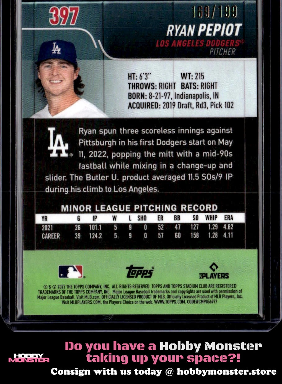 2022 Stadium Club Chrome Ryan Pepiot Blue Refractor Rookie #/199 Dodgers
