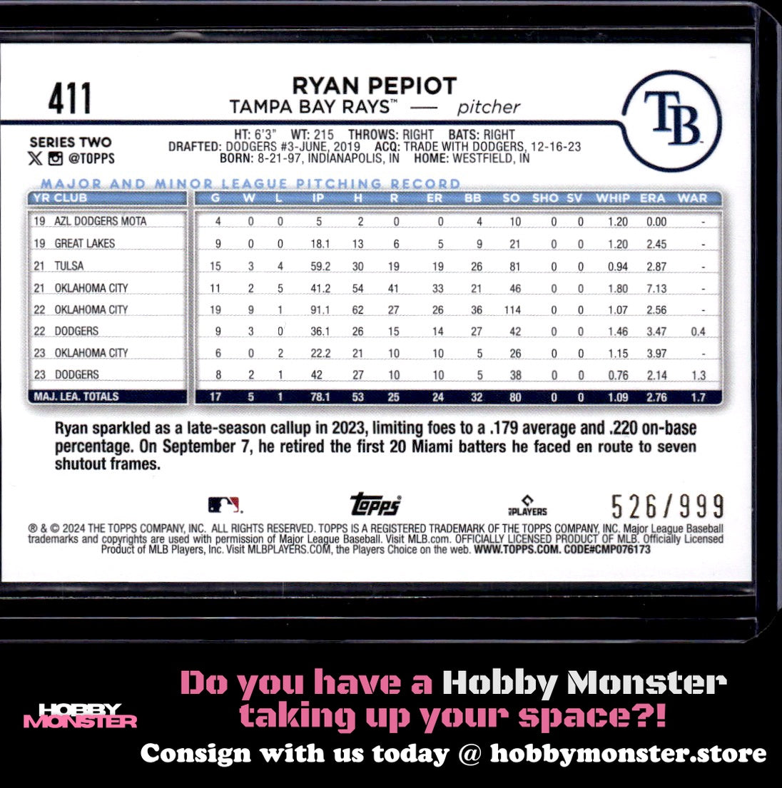 2024 Topps Ryan Pepiot Blue Holofoil #/999 Tampa Bay Rays