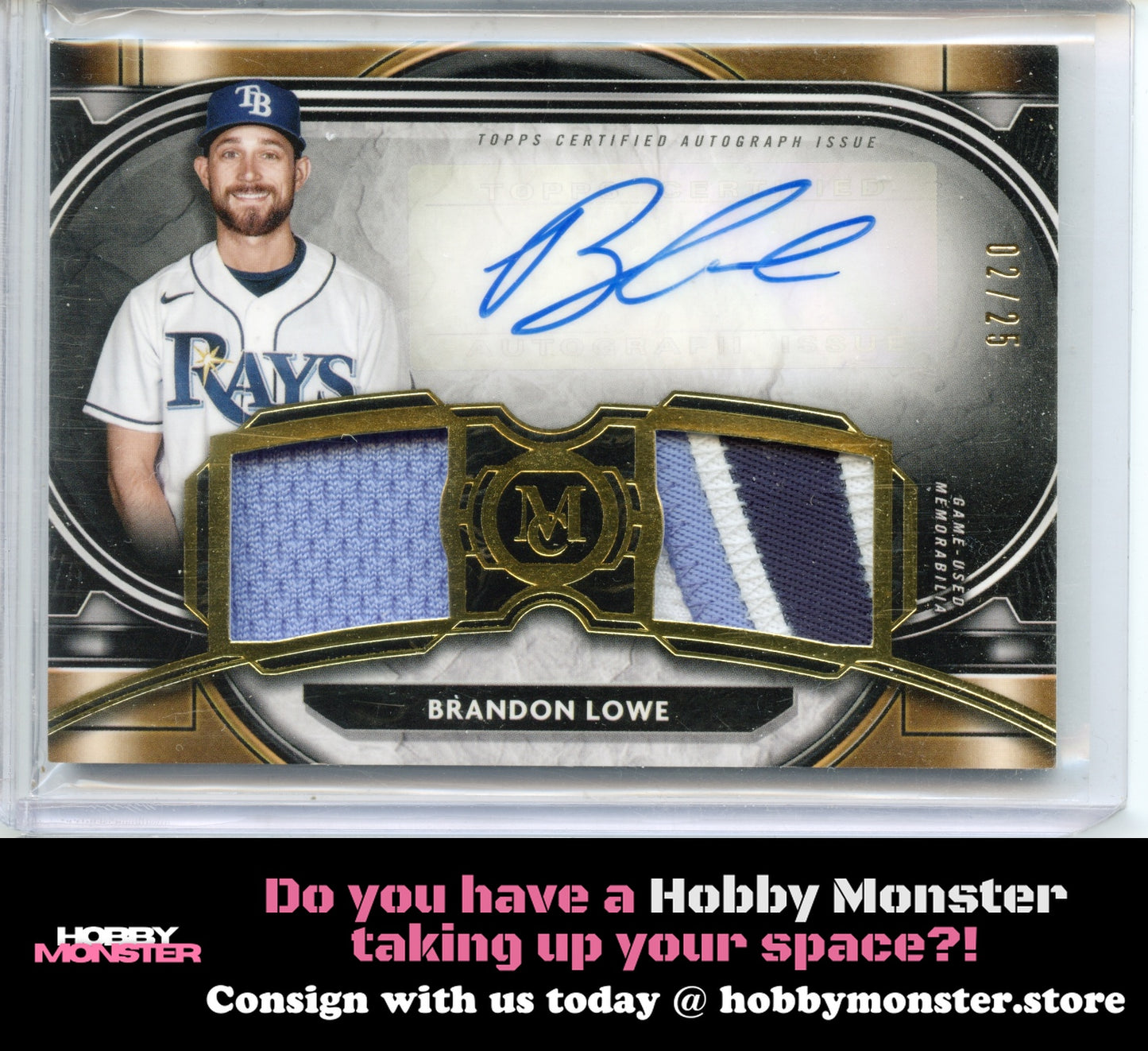 2021 Topps Museum Brandon Lowe Dual Relic 3 Color Gold Auto #/25 Tampa Bay Rays