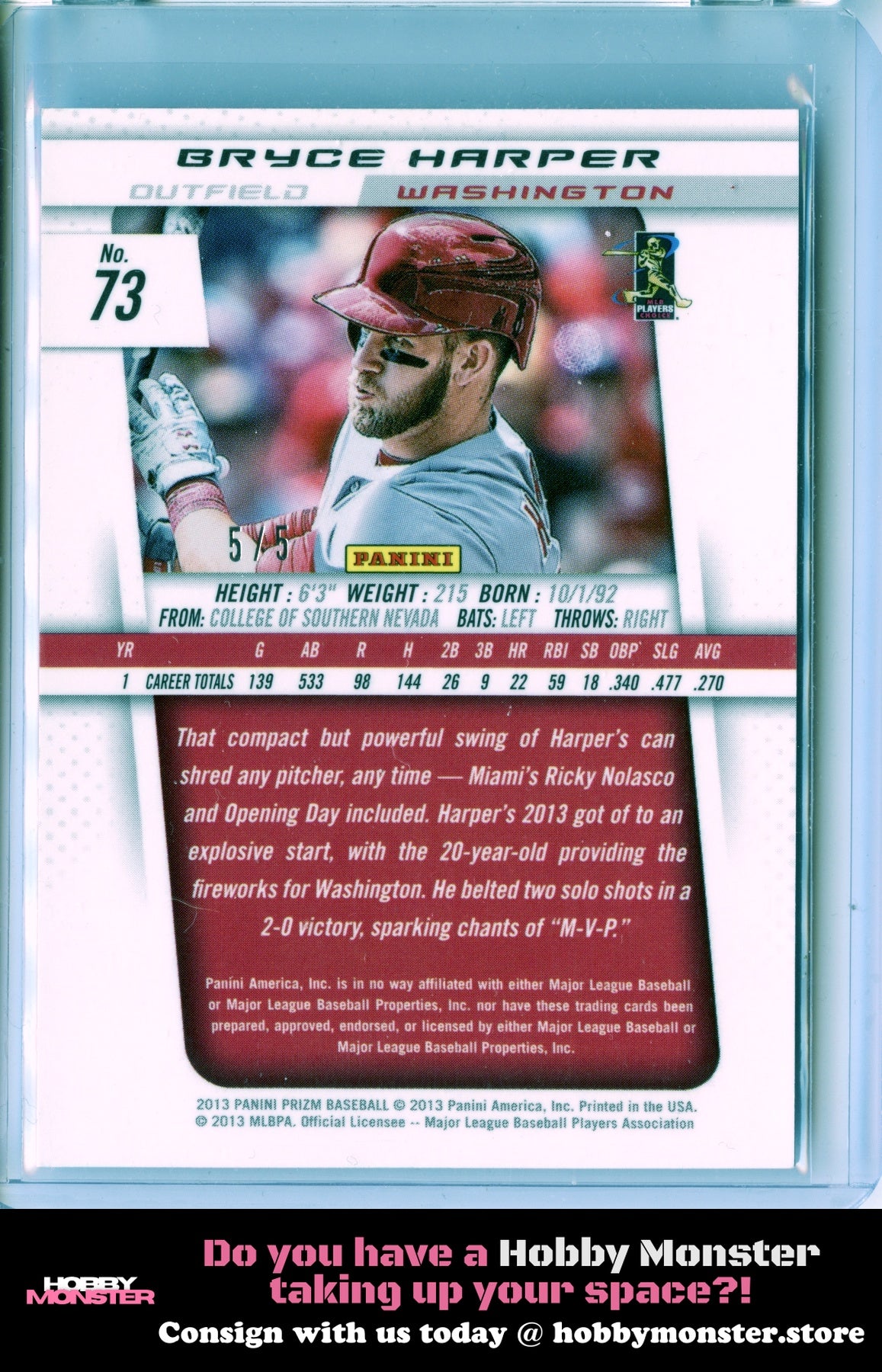 2013 Panini Prizm Bryce Harper 2014 Summit 5/5 Super Rare Second Year Nationals