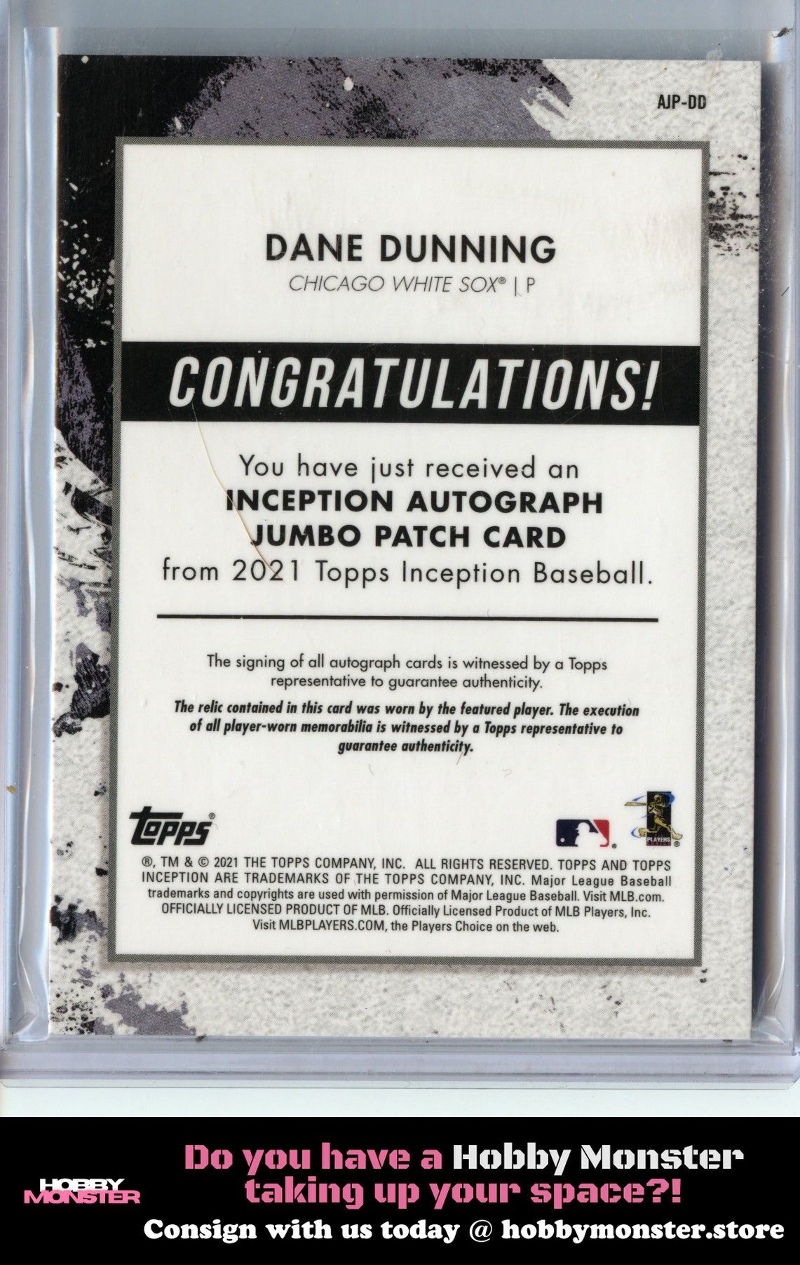 2021 Topps Inception Dane Dunning Jumbo Patch Blue Auto #/10 Chicago White Sox