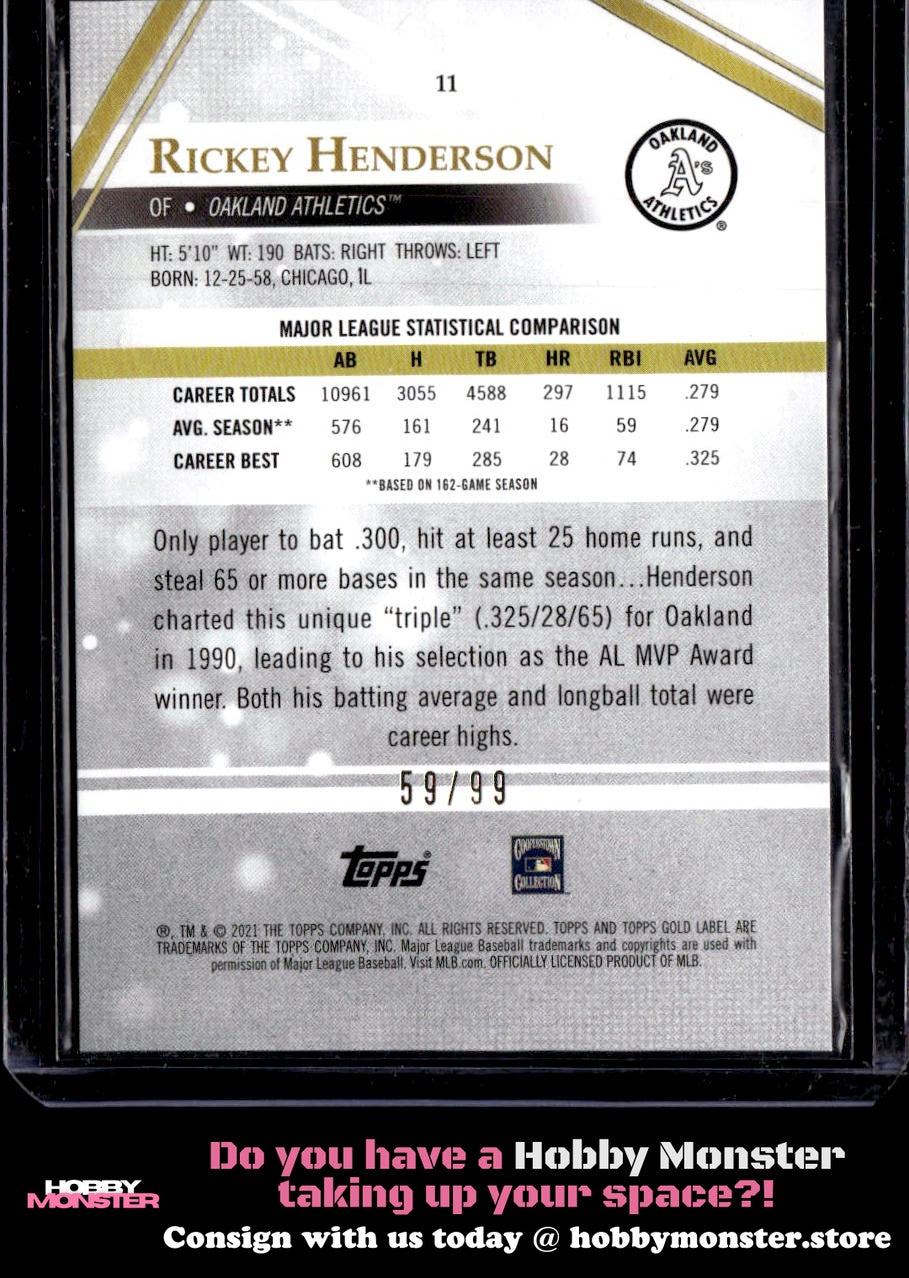2021 Topps Gold Label Rickey Henderson Class 2 Blue #/99 Oakland Athletics