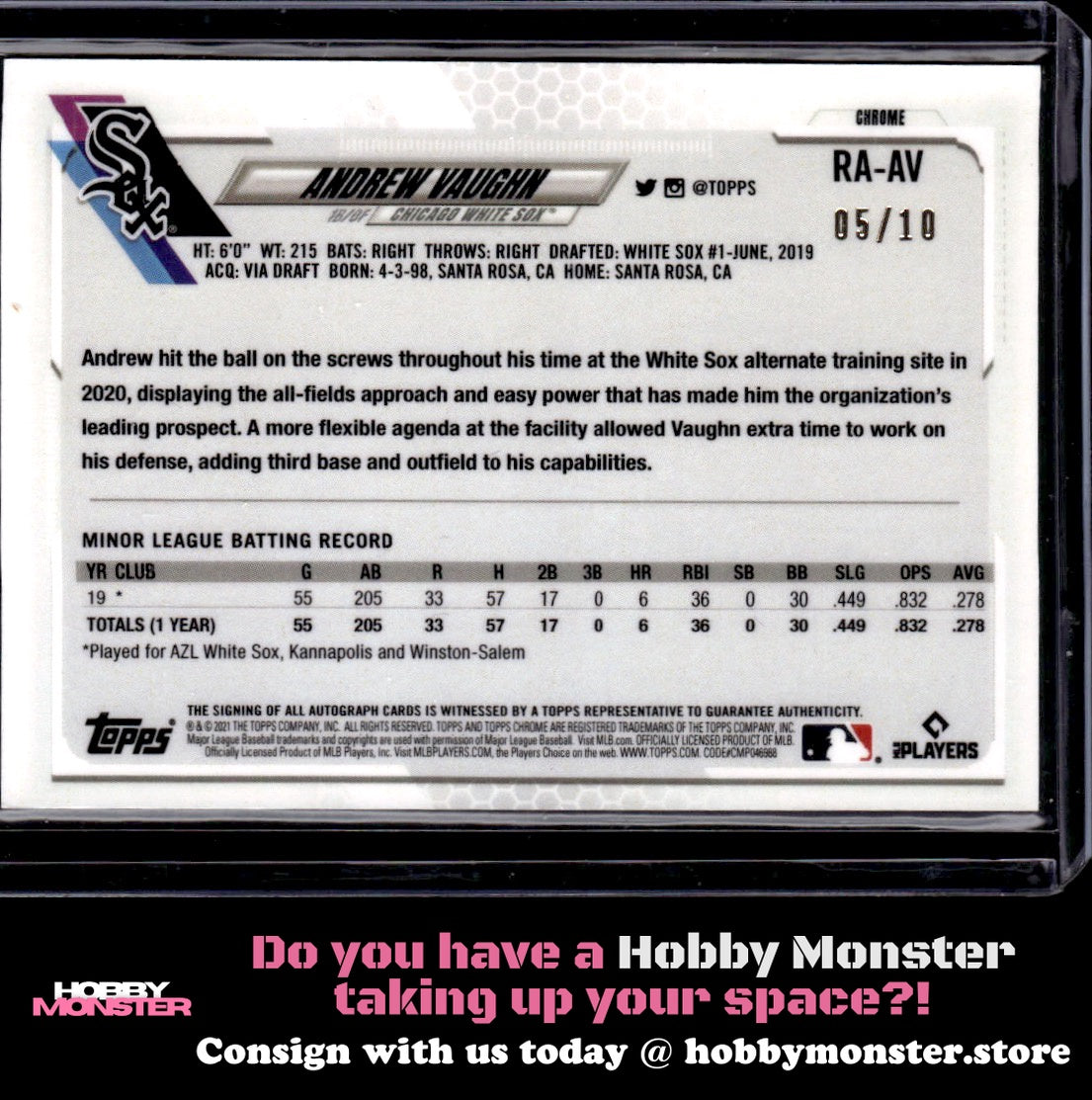 2021 Topps Chrome Sapphire Andrew Vaughn Rookie Purple Auto #/10 White Sox