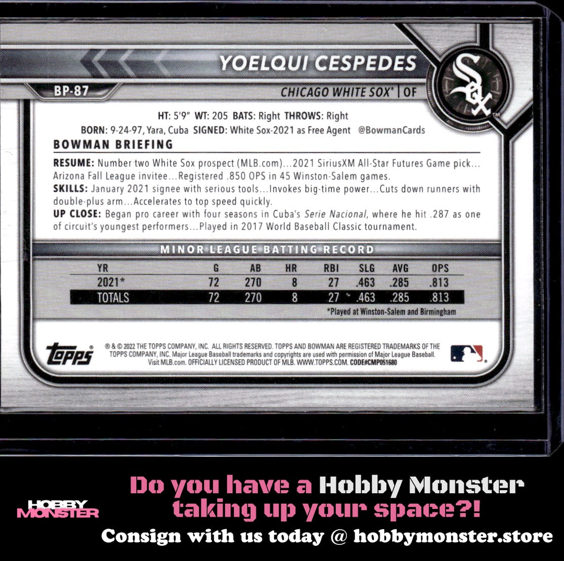 2022 Bowman Yoelqui Cespedes Prospects Red #/5 Chicago White Sox