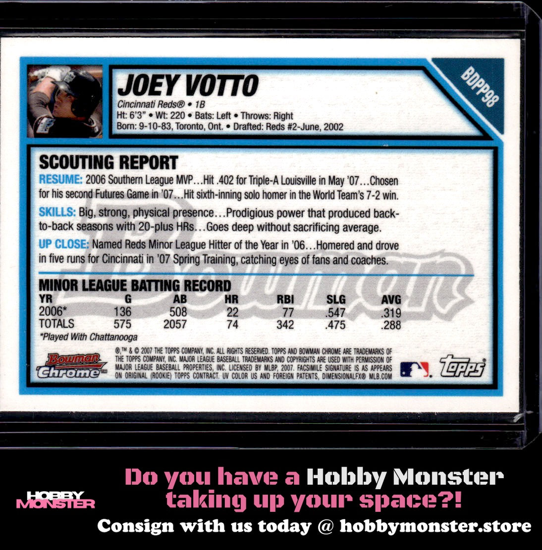 2007 Bowman Draft Picks & Prospects Joey Votto Chrome Prospects Cincinnati Reds