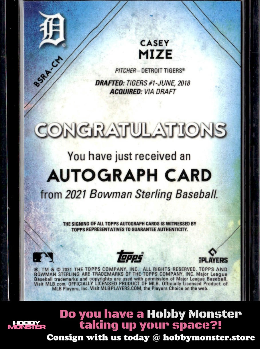 2021 Bowman Sterling Casey Mize Rookie Speckle Refractor Auto #/99 Tigers